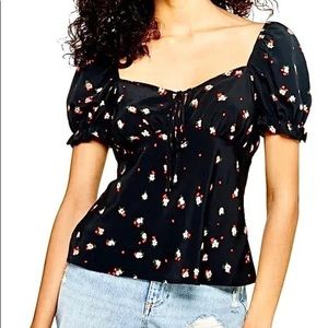 Topshop Gigi Ditsy Floral Print Tie Front Black Blouse Size 8